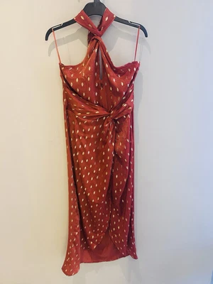 New Look Women’s UK 14 Rust/Gold Satin Halter Midi Slip Dress Polka Dot - Image 1 of 4