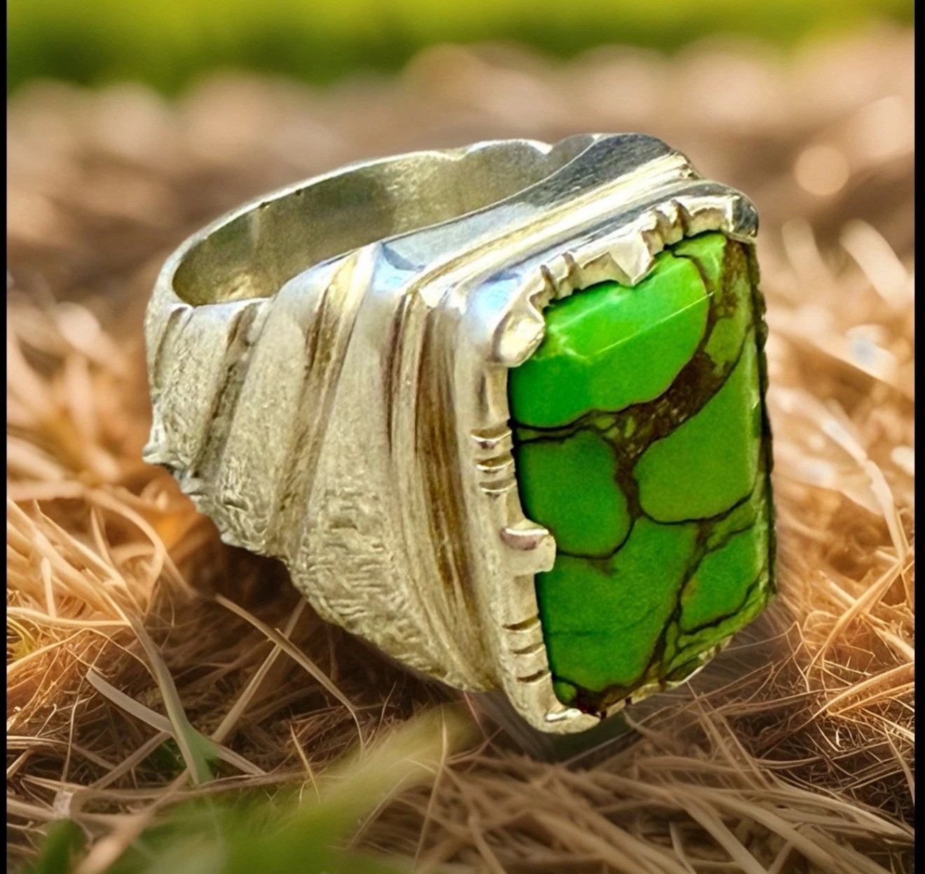 💍 Sterling Silver Statement Ring Rectangular Gre… - image 6