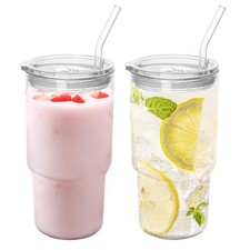 Glass Tumbler with Lid and Straw, High Borosilicate Glass Coffee Cup Smoothie...