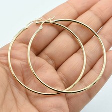 2 1/8" 2mm x 55mm Large Plain Shiny Round Hoop Earrings Real 14K Yellow Gold