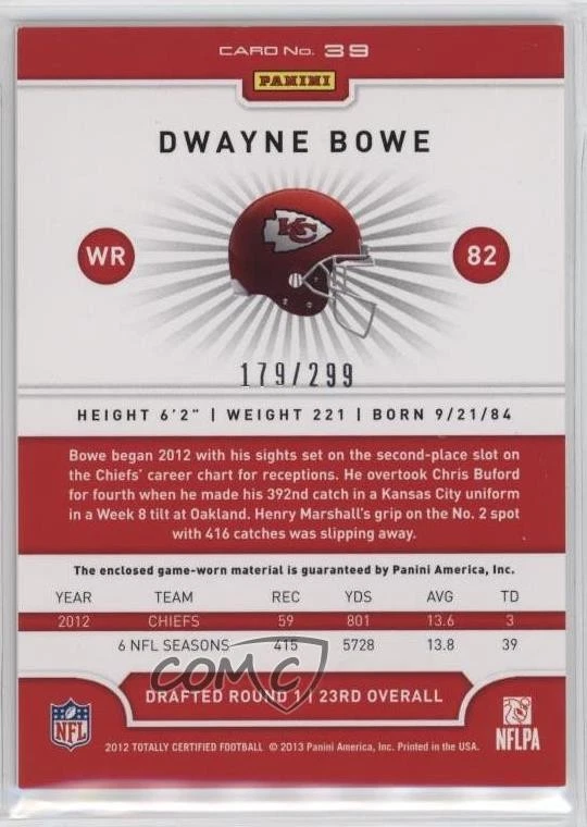 2012 Totally Certified Materials Platinum Red /299 Dwayne Bowe #39 - Image 2 of 2