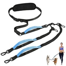 Hands Free Waist Dog Leash Walking 2 Dogs Detachable Pad Bungee Blue Black
