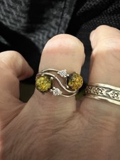 STERLING SILVER WAVY DOUBLE GREEN AMBER DOUBLET SPHERES CZ RING SIZE 8