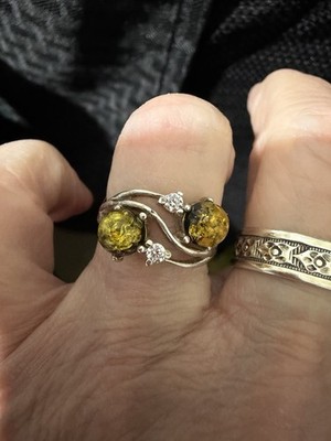STERLINGSILBER GEWELLTER DOPPELTER GRÜNER BERNSTEIN DOUBLET KUGELN & CZ RINGGRÖSSE 8