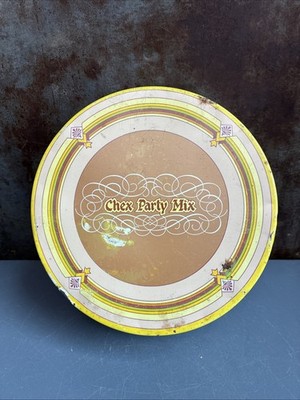 Chex Party Mix 1980 Vintage Yellow Round Metal Canister Tin Four Seasons Recipe