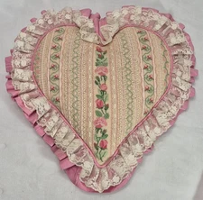 Vintage Heart Shaped Pillow needlepoint designs lace Pink & White Shabby Chic