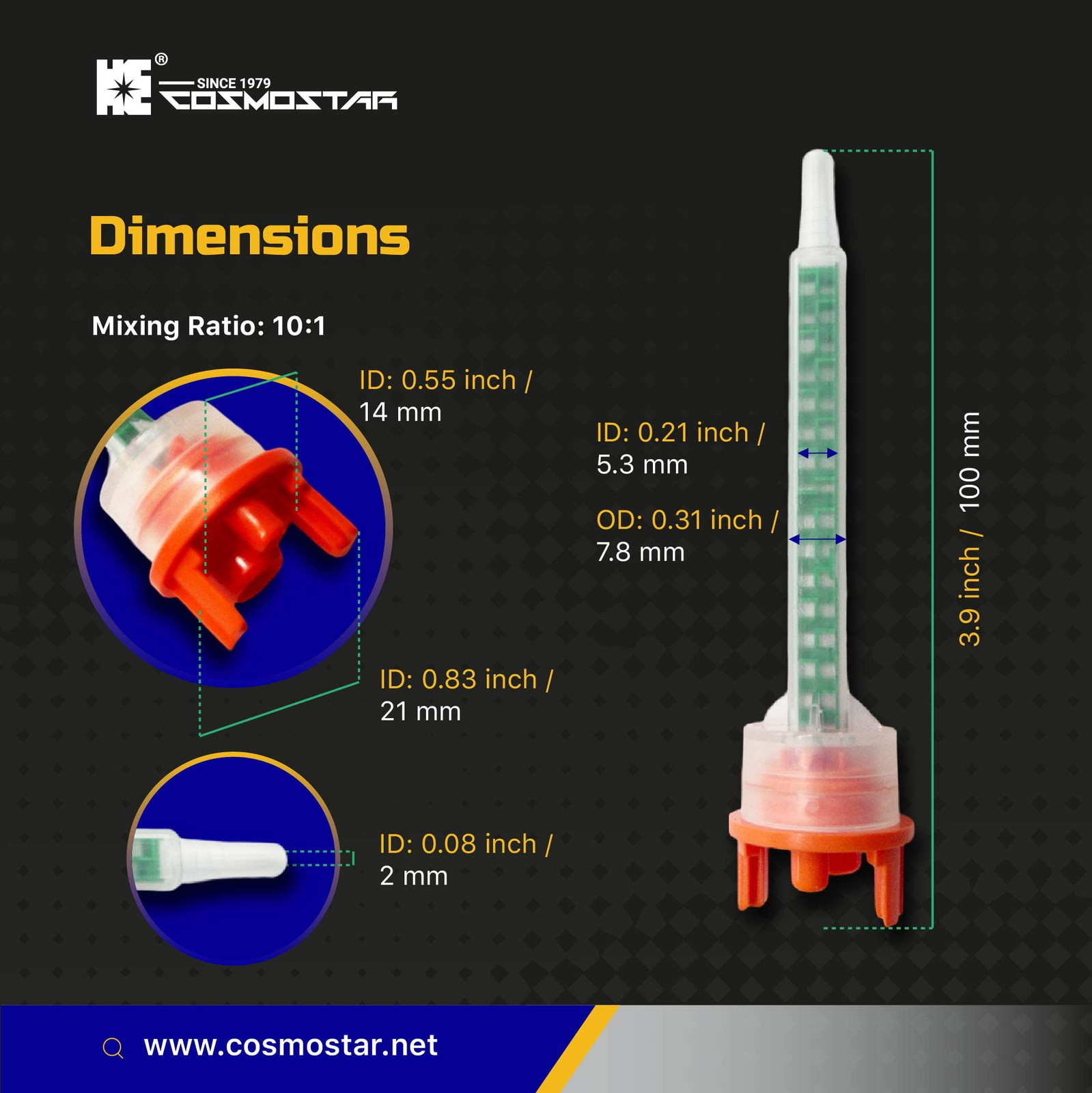 CosmoMix Square Static Mixer Nozzle Tube Tip, F System for 4:1/10:1 Mixing Ra...