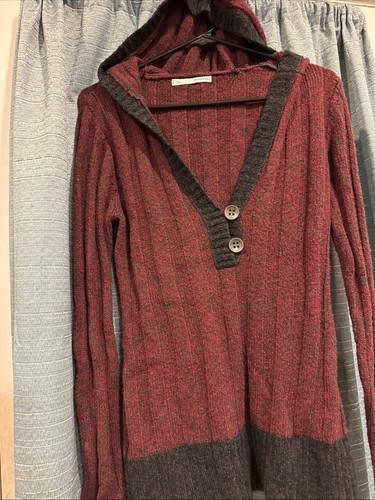Maurices Women's L Ribbed Knit Hooded Henley Sweater Red Gray Long Sleeve