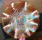 Vtg 9 Inch IMPERIAL Carnival Glass Ruffled Edge  Iridescent Bowl - Grapes & Vine