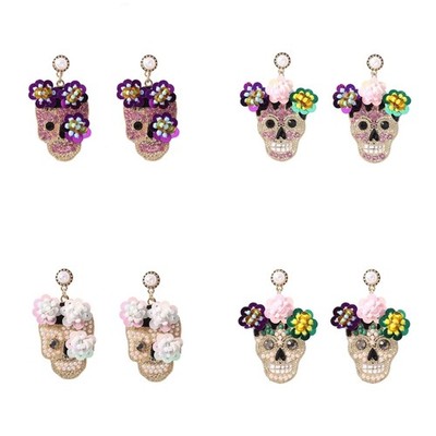 Cool Zircon Studded Skull Earrings Charm with Floral Accent for Youthful Style