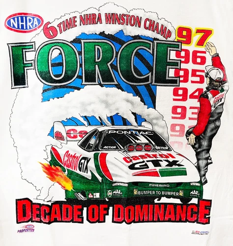 VRHTF NHRA SUPER COOL VTG "JOHN FORCE 6 TIMES CHAMP NITRO FUNNY CAR" XL SHIRT