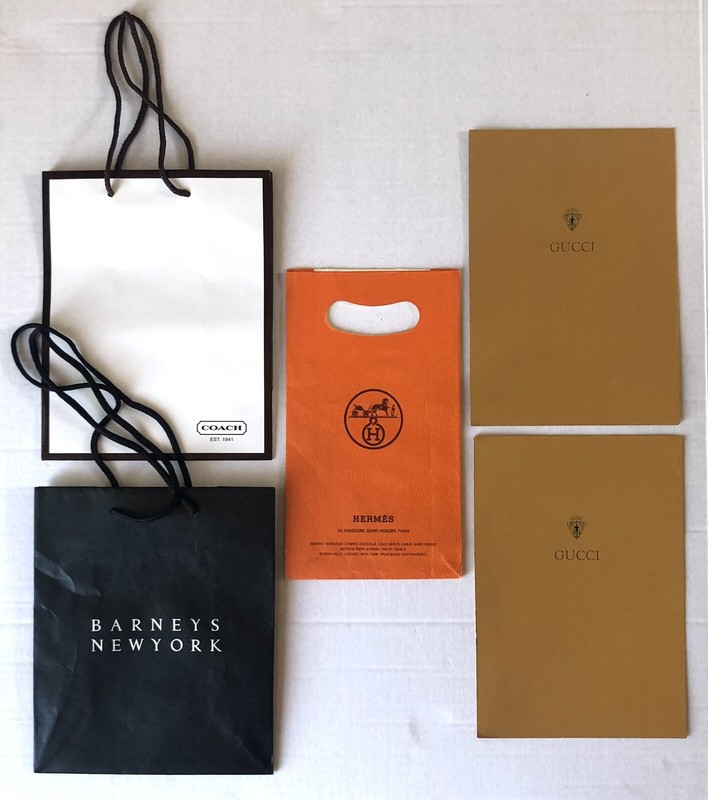 (5) Luxury Shopping Gift Bags Barneys Coach Hermes, Vintage Gucci Gold Envelopes