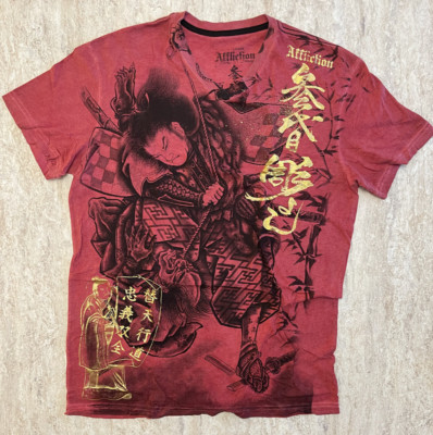 *RARE AFFLICTION HEROS & DEMONS Red Gold Foil Samurai Mens L EXCELLENT CONDITION