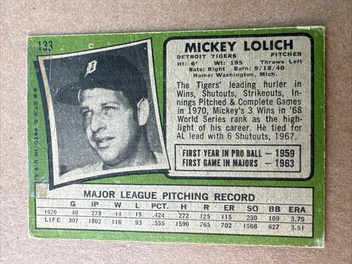 1971 Topps Baseball MICKEY LOLICH Detroit Tigers MLB Major League Card #133 Poor - Picture 6 of 10