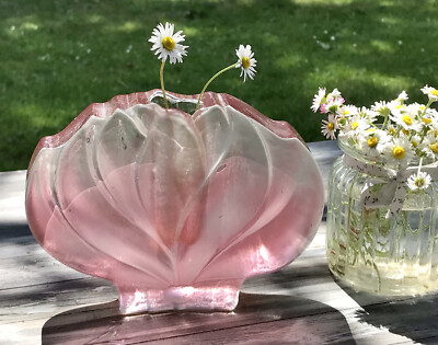 Wow Vintage 70er rosa floral reliefiert Glas Vase Blockvase Glasvase