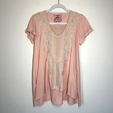 Johnny Was Kemi Knit Drape Shirt Womens Sz XS Embroidered Boho Handkerchief Hem