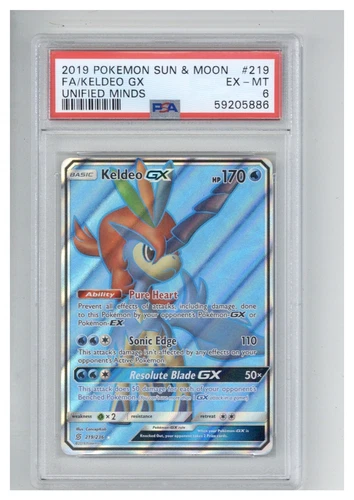 2019 Pokemon Sun & Moon Unified Minds 219 Full Art/Keldeo GX PSA 6