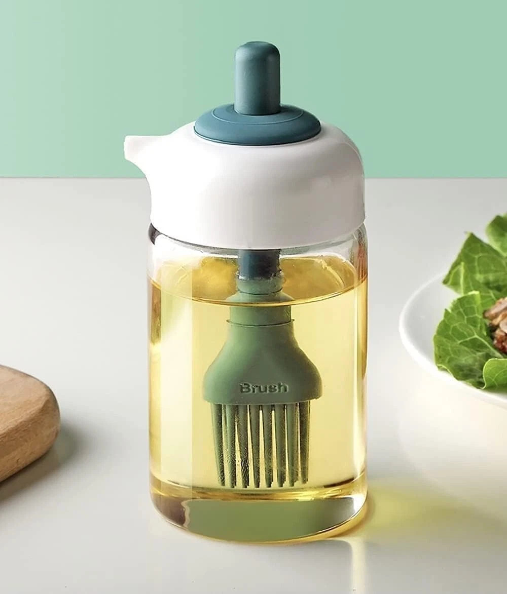 Glass Oil Dispenser with Silicone Brush,8.5 oz Bottle,2-in-1 Condiment Container