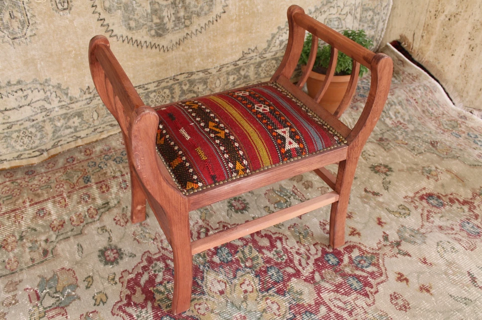 Turkish Vintage Kilim Bench Handmade Wooden Ottoman Boho Decor Upholstered Seat - Image 3 of 4
