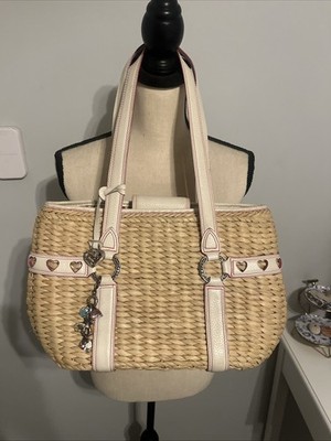 Vintage Brighton ''Love Story'' Straw Tote White Leather Heart Charms Y2K Retired
