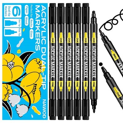 6 Black Acrylic Paint Pens, Acrylic Paint Markers Dual Tip (Fine 1mm + Dot 5m...
