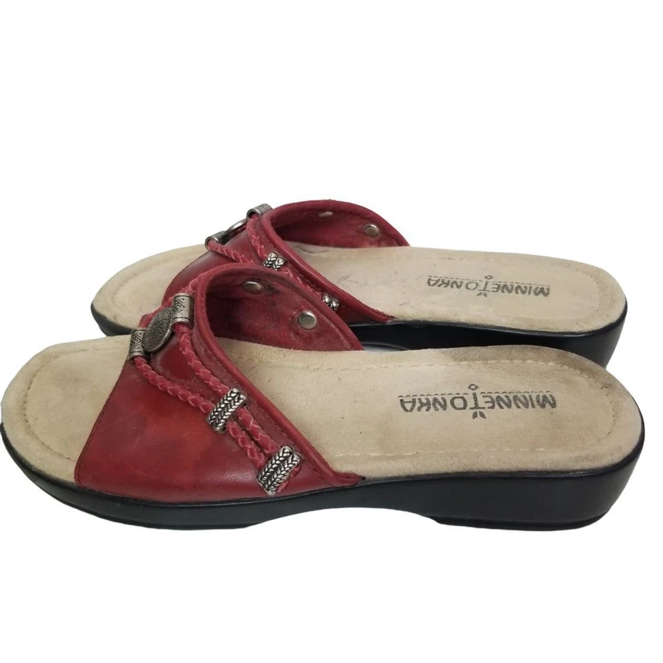 Sandálias femininas Minnetonka sandálias deslizantes 6 sandálias de couro vermelho salto baixo  - Imagem 4 de 4