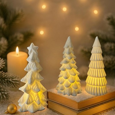 Lighted Ceramic Christmas Tree Decor 3Pcs Small White Christmas Trees with Light
