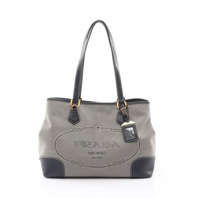 PRADA Logo Jacquard Triangule Logo Plate Shoulder Tote Bag Canvas Leder Gebra...