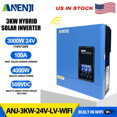 ANENJI 3000W 24V Solar Inverter Hybrid Off Grid 110V/120V MPPT 100A Charger Controller