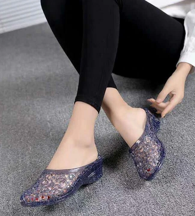 Sandálias femininas Jelly sapatos mules casuais salto cunha oco chinelos de verão - Imagem 2 de 4