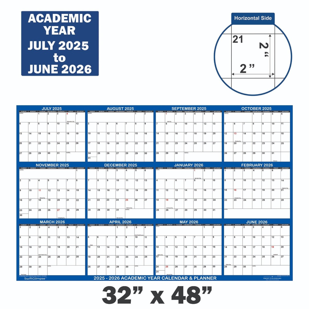 2025-2026 Academic Wall Calendar 32x48 Erasable Mid Year Wall