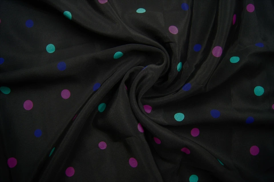 1 Yard Red Blue Green Polka Dot on Black Silky Poly Blend Blouse Fabric 34"X 54" - Image 2 of 3