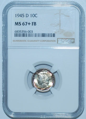 1945 D NGC MS67+FB Full Bands Mercury Dime Great Color
