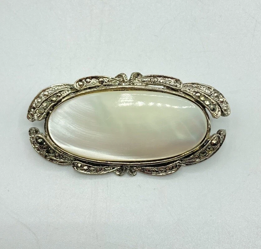 Broche prendedor ovalado de marcasita concha de madreperla de plata de ley 925 de colección 11,47 g Foto 2 de 4