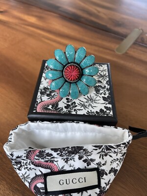 GUCCI Sterling Silver Enameled Turquoise Flower Ring Size 6.75 NWB