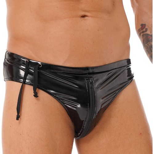 UK Mens Wet Look PVC Leather Briefs Drawstring Low Rise Zipper Underpants Thongs - Picture 5 of 58