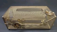 MCM Vtg Wire Mesh Tissue Box Cover W/Flowers Roses Gold Tone Stunning