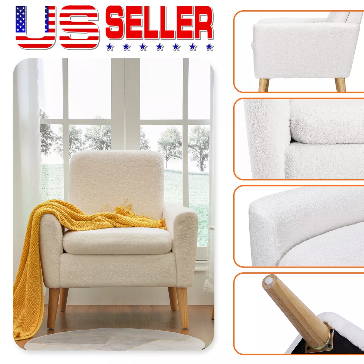 Sherpa Accent Chair White Teddy Fabric Upholstable Comfy Arm Chair