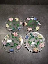 Crystal Plates Hand Painted Flowers Set of 4 Dessert Salad Luncheon
