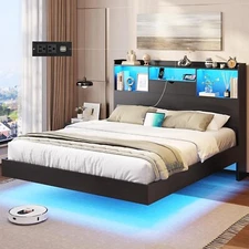 Full Size Metal Floating Bed Frame with LED Lights,Charging Station, Headboard