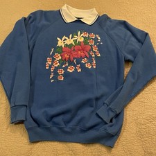 VTG Cabin Creek Collared Sweatshirt Blue Floral Orchids Puffy Graphic Women XL