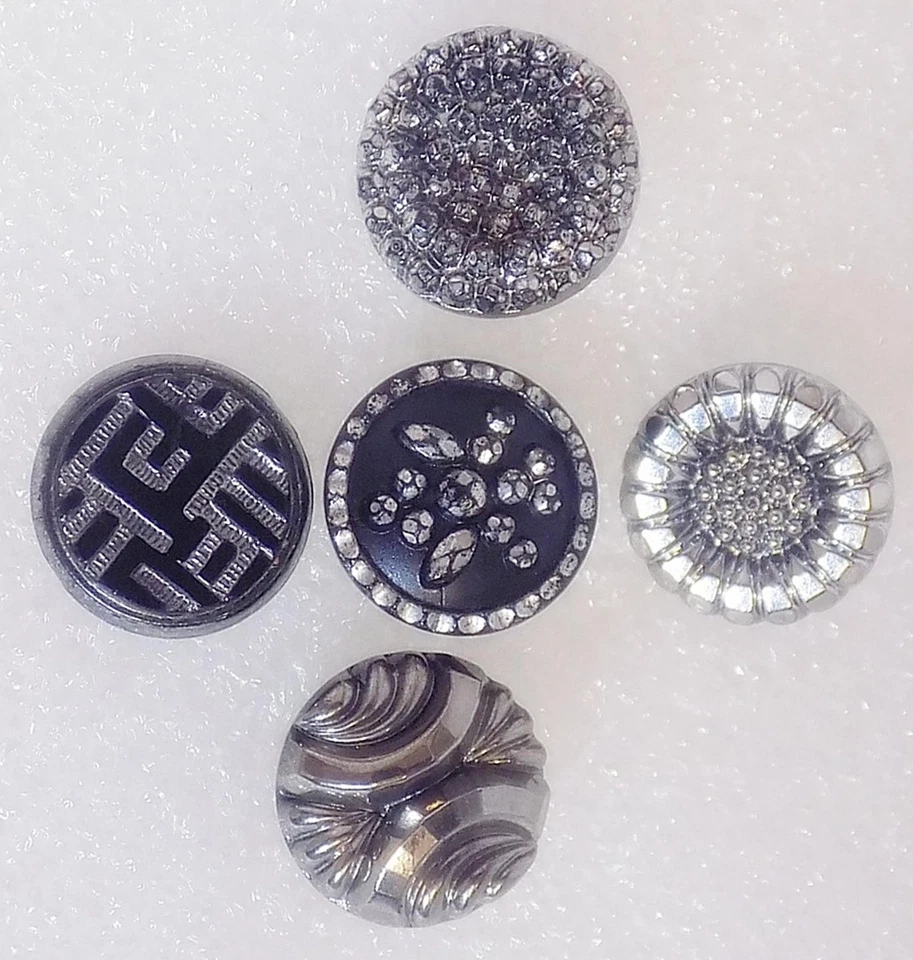 Lot of 5 Silver Luster Black Glass Buttons Lacy Diamond Flower Swirls SL3 - Image 3 of 3