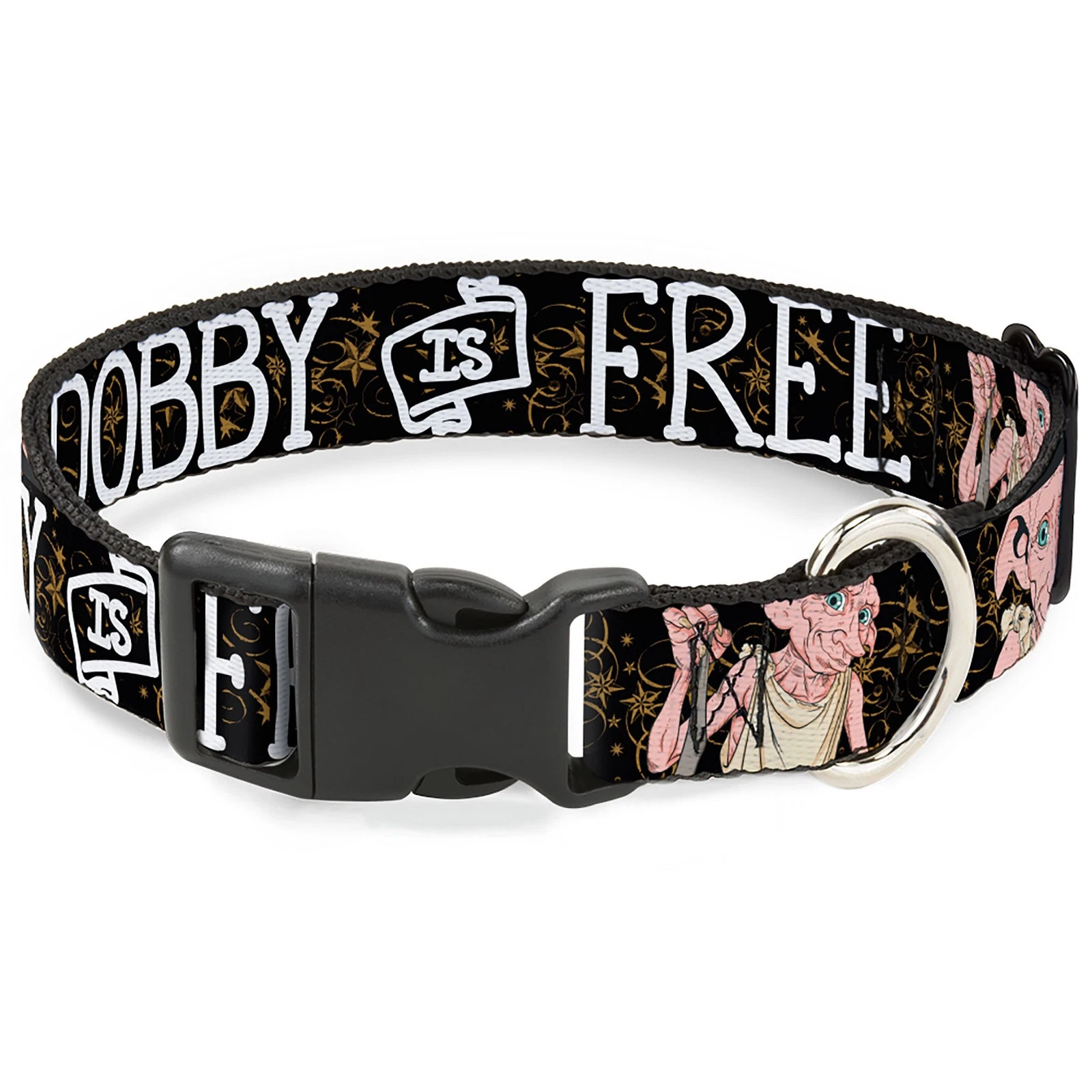 Plastic Clip Collar DOBBY IS FREE/3-Dobby Poses Star Swirls Black/Gold/White Med