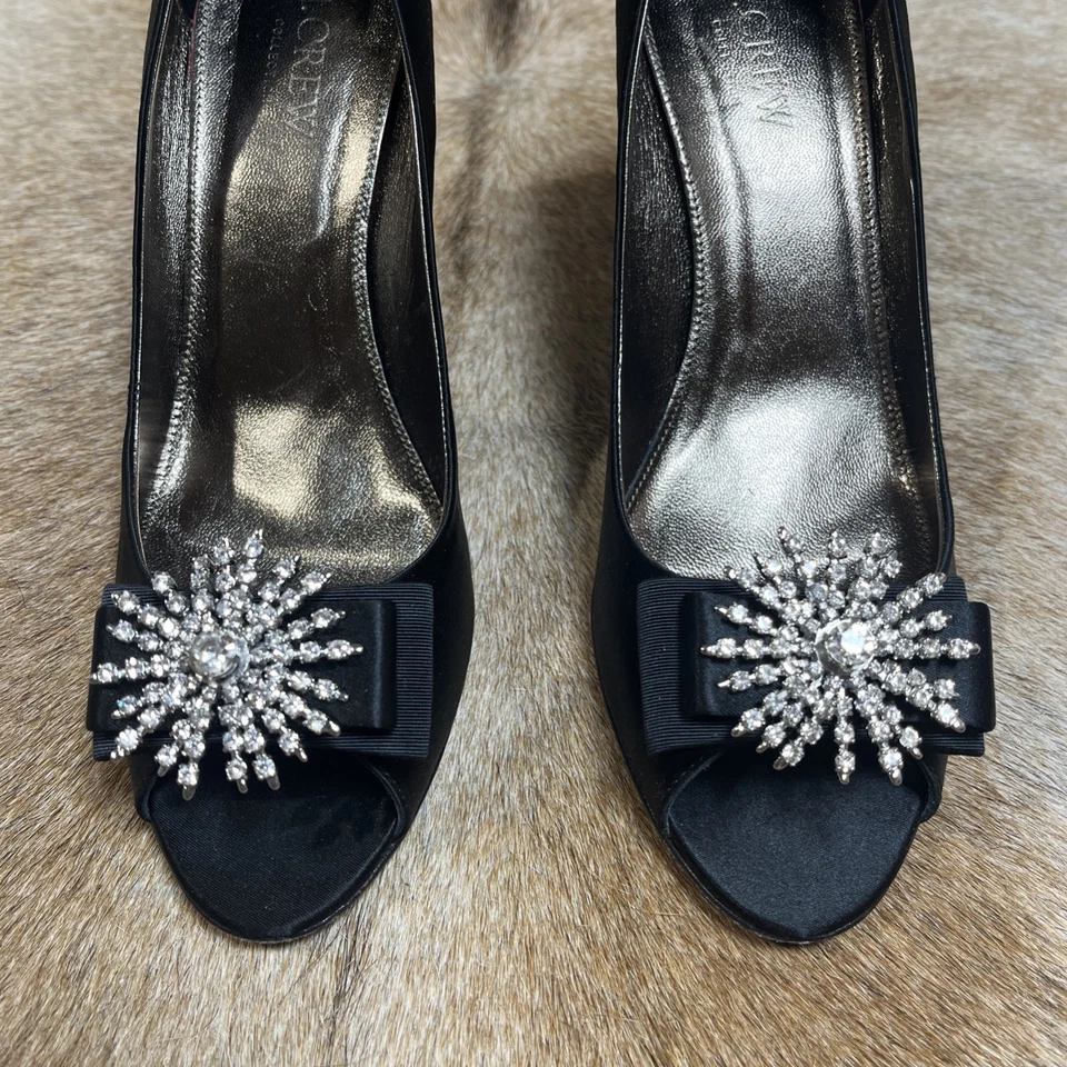 J Crew 女式水晶装饰黑色缎面露趾高跟鞋 8.5 — 第 4/4 张图片
