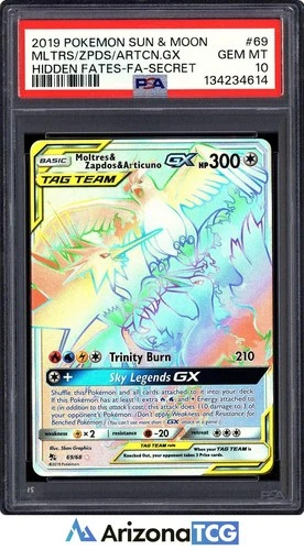 Pokemon 2019 Moltres Zapdos Articuno GX 69 Rainbow SR Hidden Fates GEM MT PSA 10
