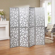 Roundhill Furniture Giyano 4 Panel Screen Room Divider, Sliver Silver