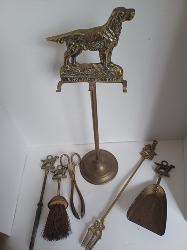 Antique Brass English Setter Fireplace Tool Set Featuring  English Setter