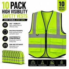 10 Pack Hi Vis Safety Vest Reflective Mesh Work Construction ANSI Style Pockets