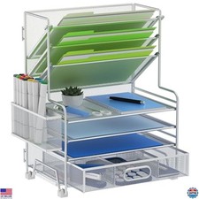 Sleek 4-Tier Paper Organizer with 3-Pocket File Holder Pen Holders - Silver