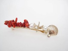 Long slim gold metal red stone seashell starfish pearl crystal hair clip